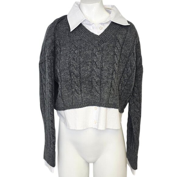 Anthropologie Pilcro Cropped Cable-Knit Twofer Sweater, Grey, White, Size S - Picture 2 of 9